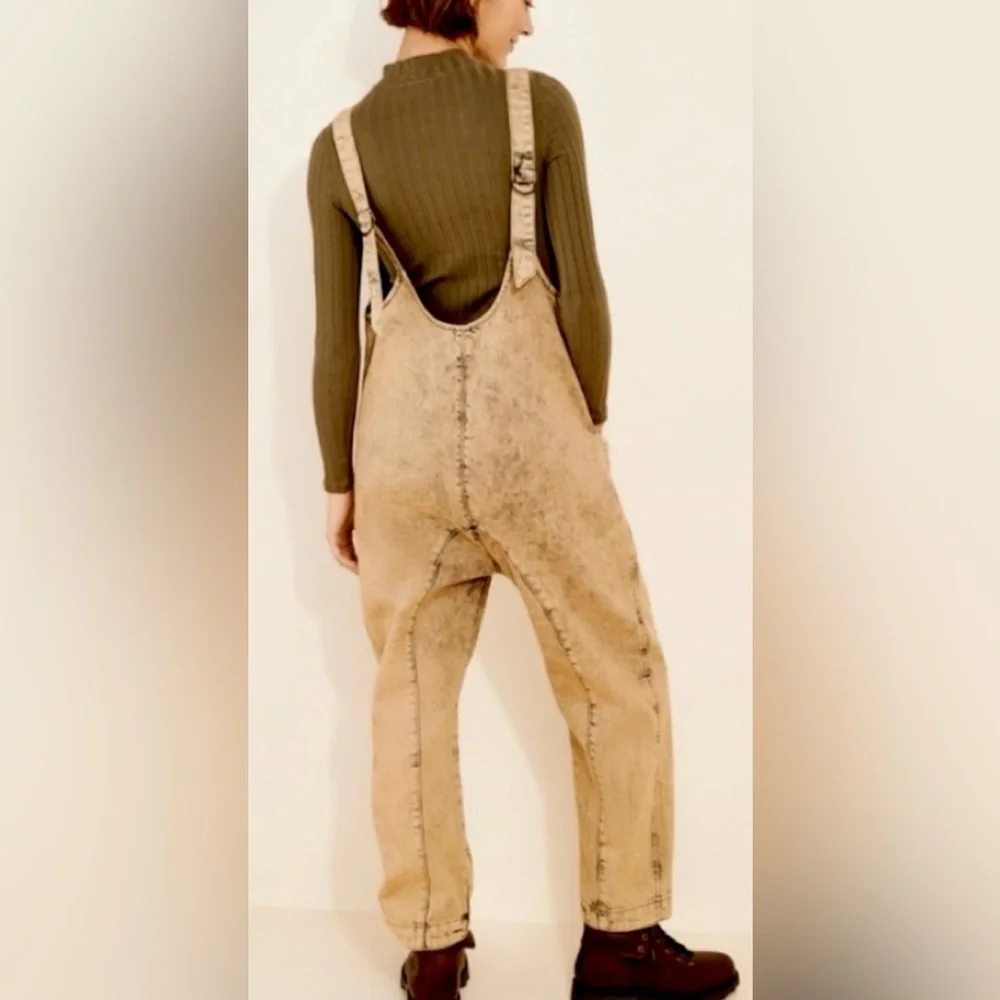 Free People We The Free High Roller Denim Jumpsuit in Tan - Picture 5 of 5